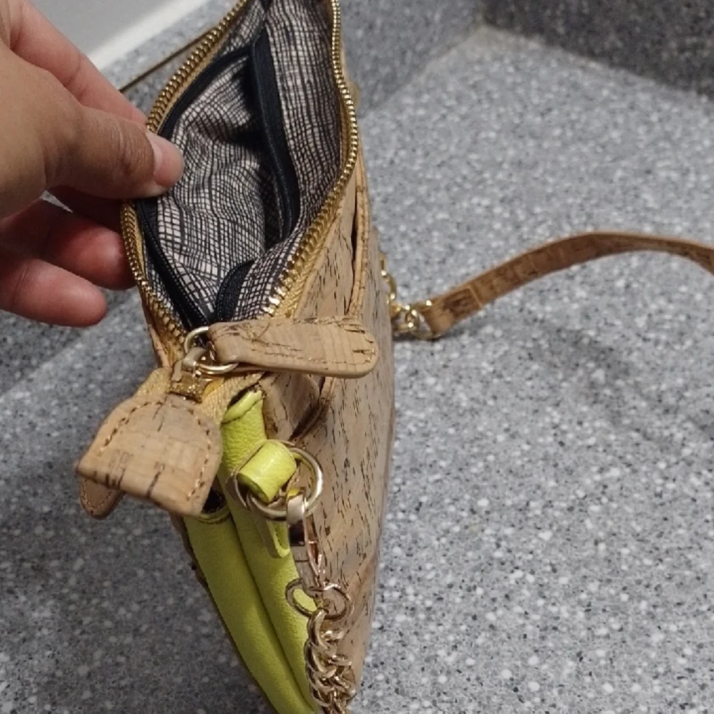 Miztique Tan and Yellow Crossbody Bag with Cork Texture